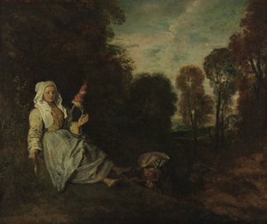 Evening Landscape with Spinner by Jean Antoine Watteau
